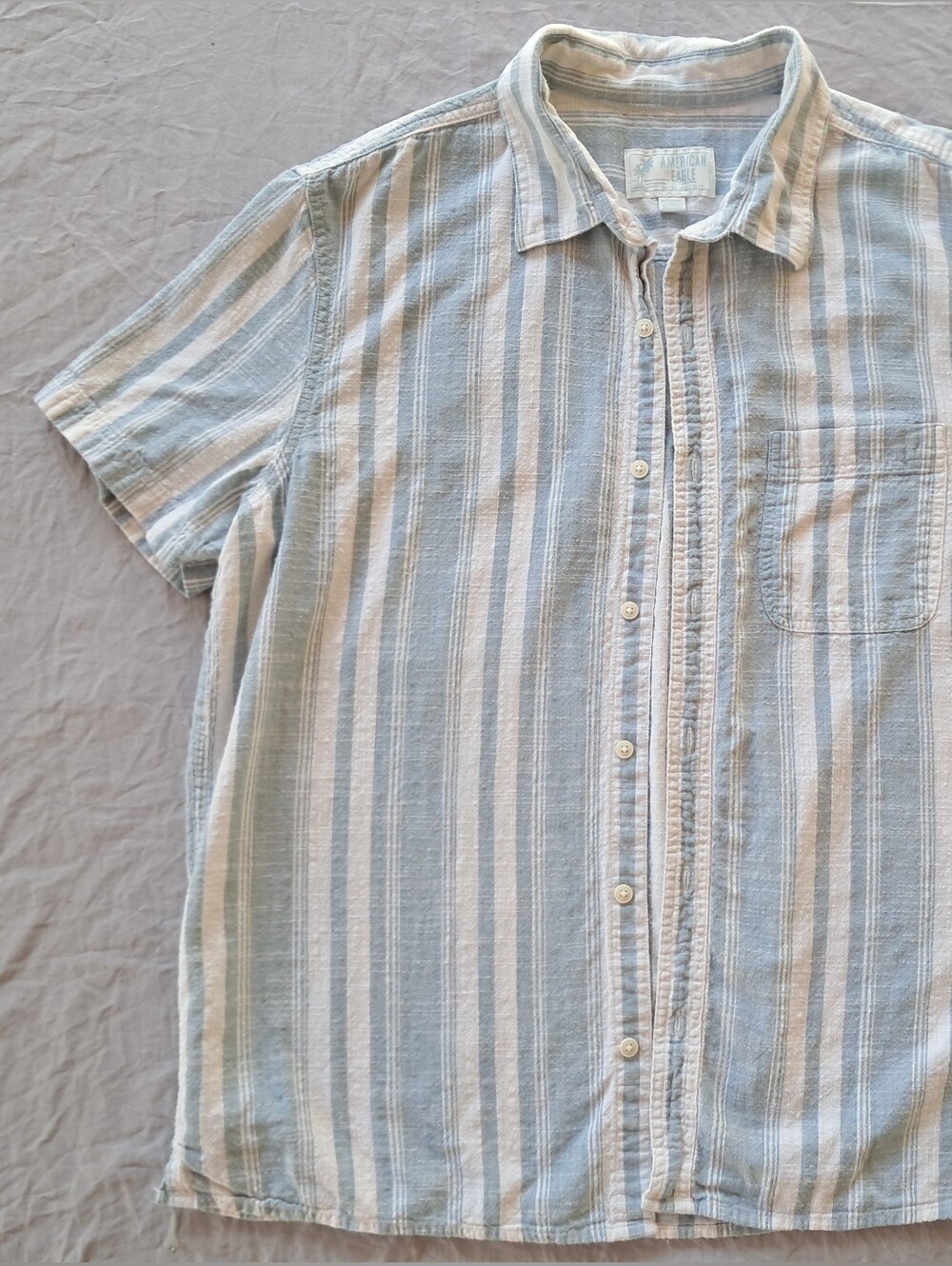 American Eagle Short-Sleeve Striped Button-Down Shirt in Light Blue and White